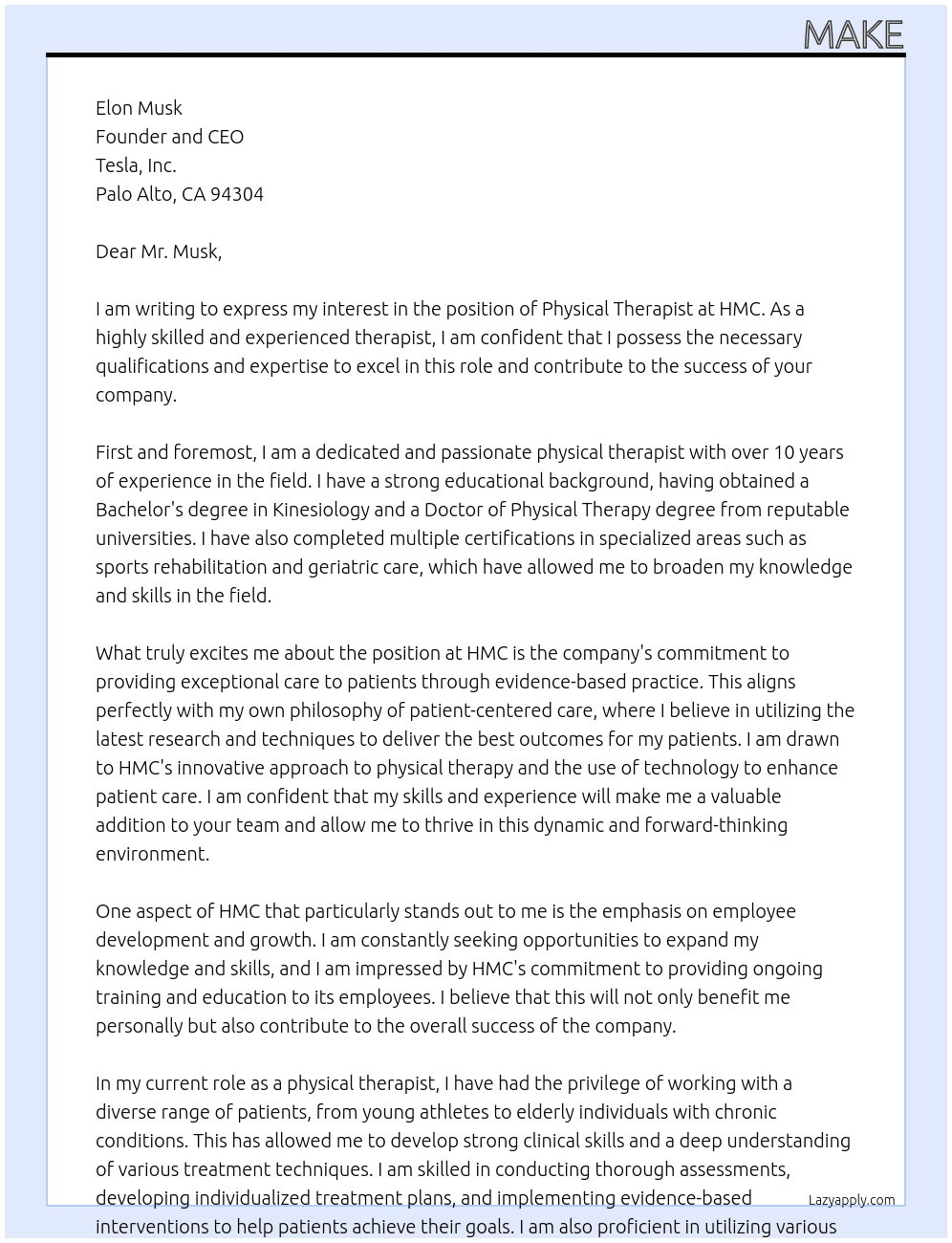 physical therapist At hmc Cover Letter
