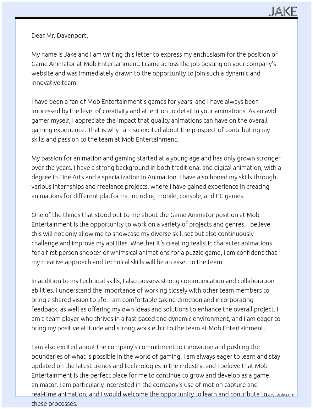 Game Animator At Mob Entertainment Cover Letter