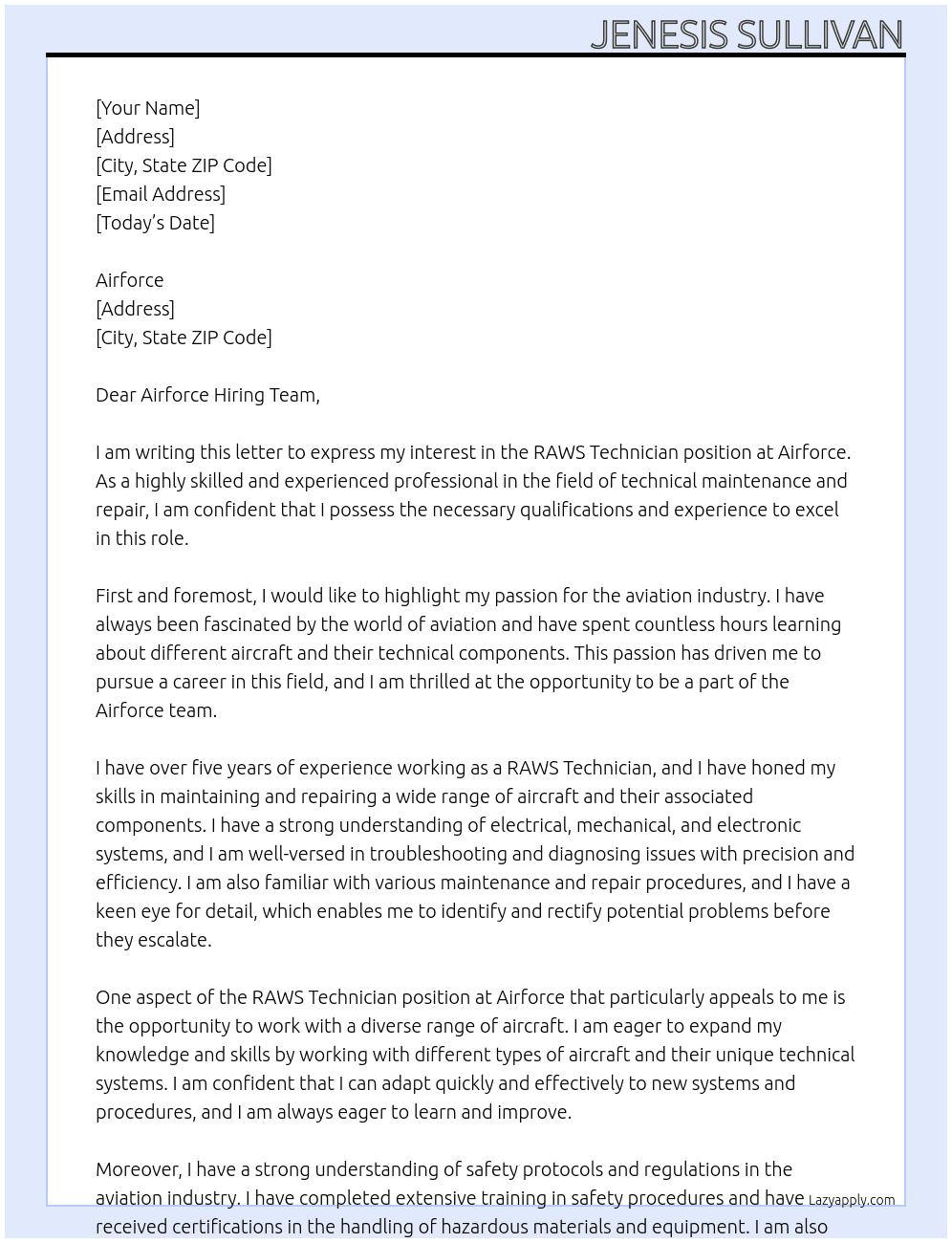 RAWS Technican  At Airforce Cover Letter