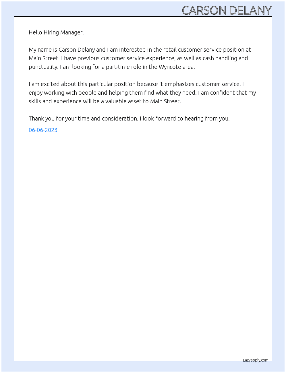 Retail customer service At Main Street Cover Letter