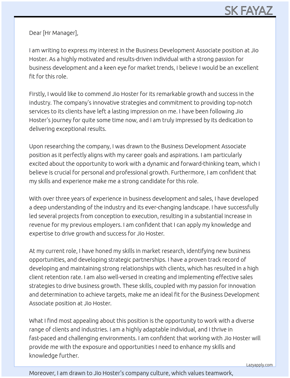 Business development Associate  At Jio hoster Cover Letter