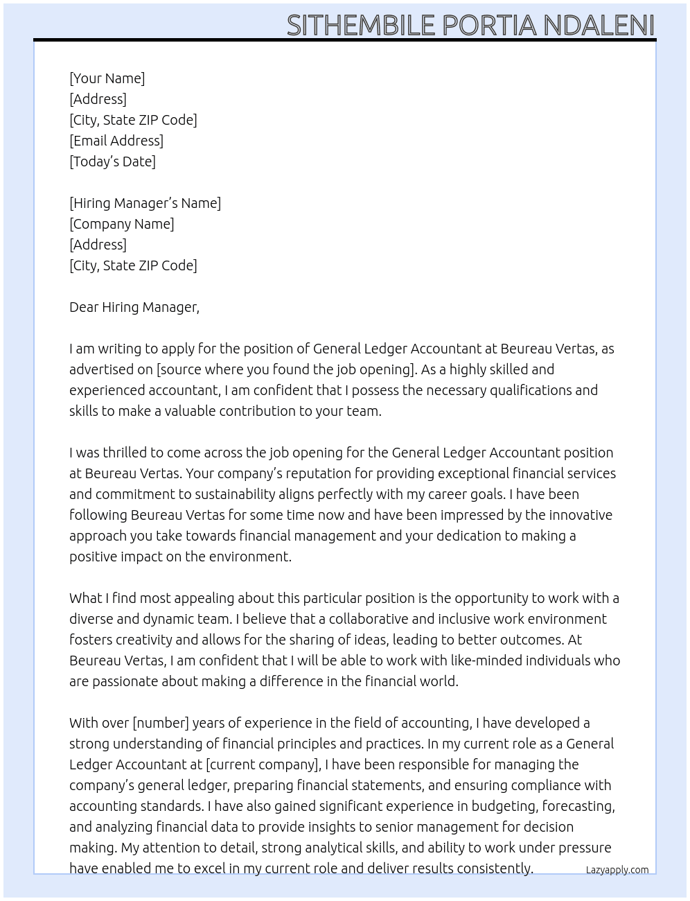 General Ledger Accountant At Beureau Vertas Cover Letter