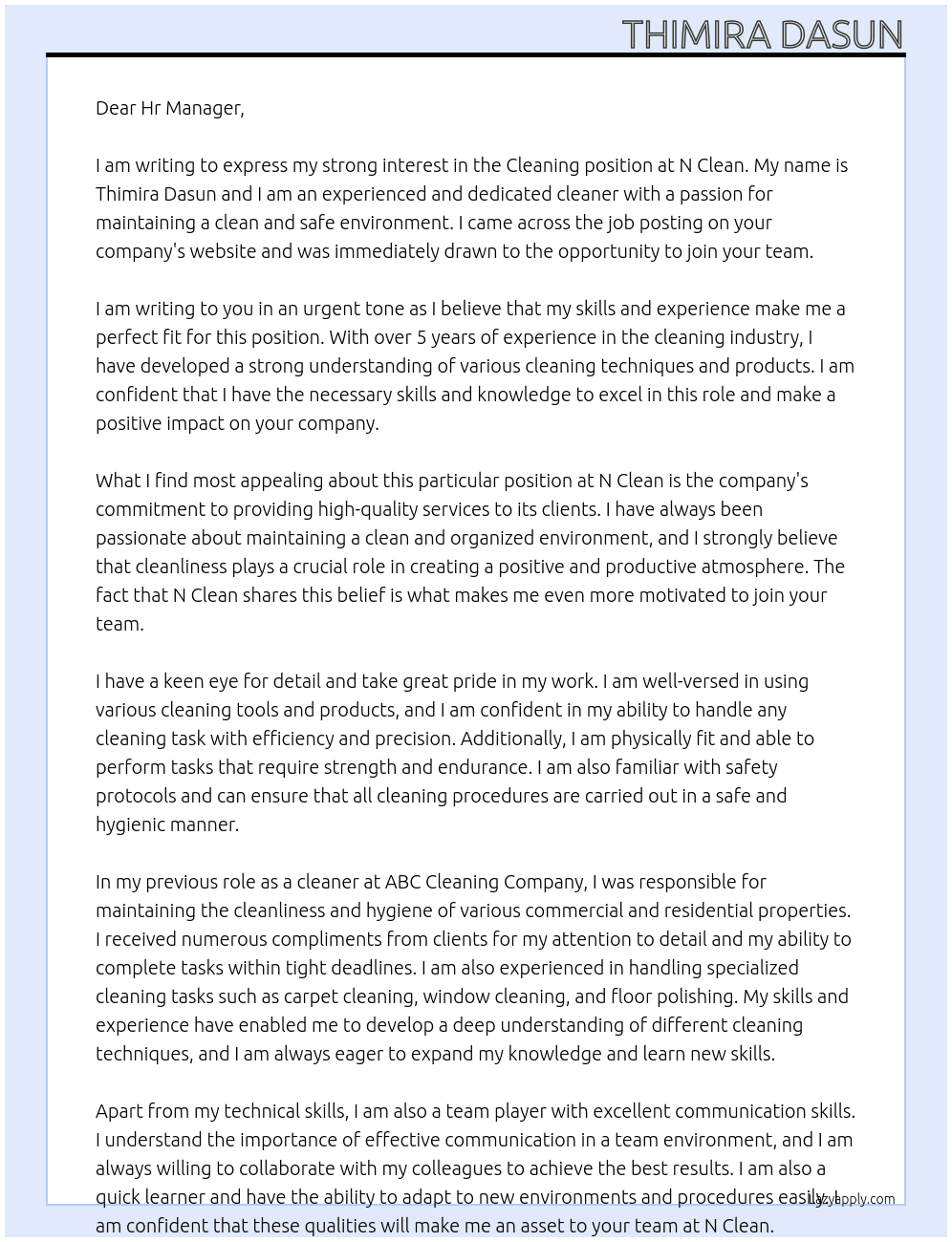 cleaning At N clean Cover Letter