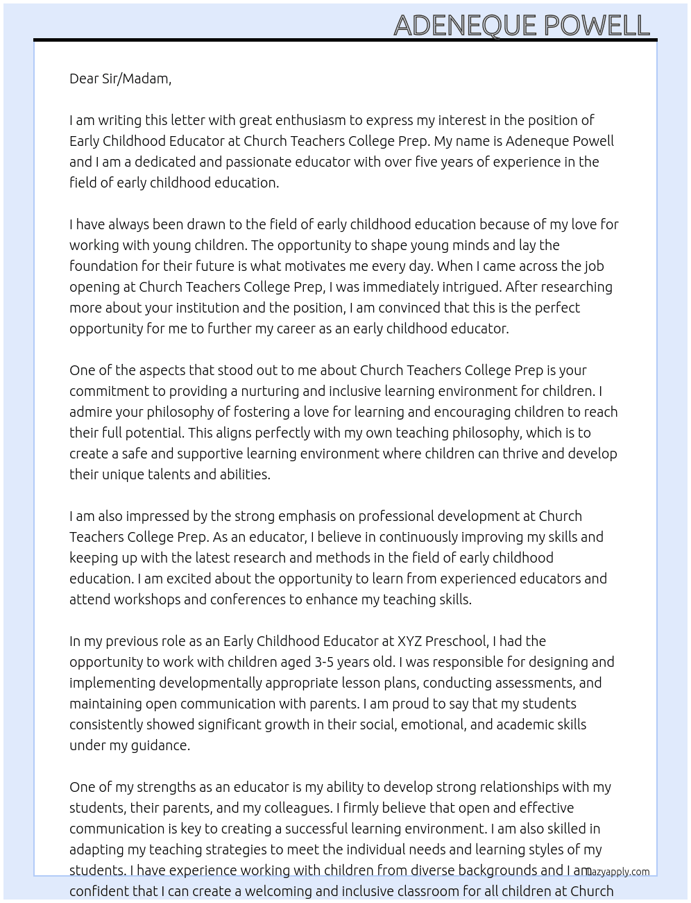 Early Childhood Educator At Church Teachers College Prep  Cover Letter