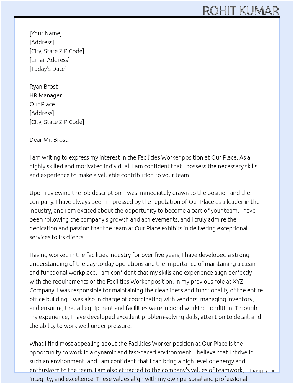 Facilities worker At Our place Cover Letter