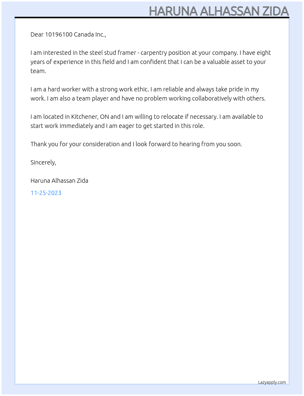Steel stud framer - carpentry At 10196100 Canada Inc Cover Letter