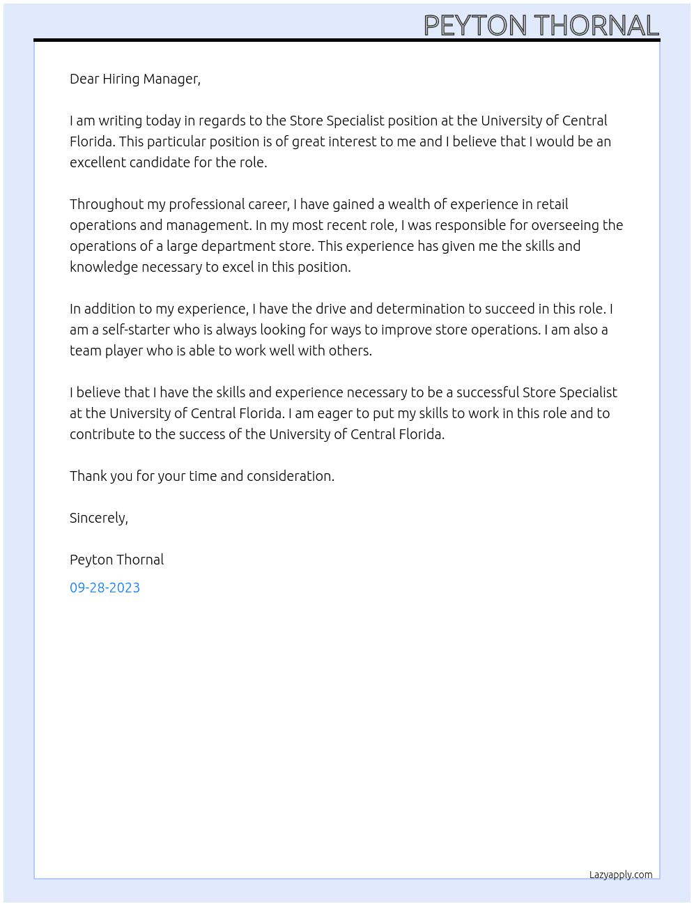 Store Specialist At University of Central Florida Cover Letter