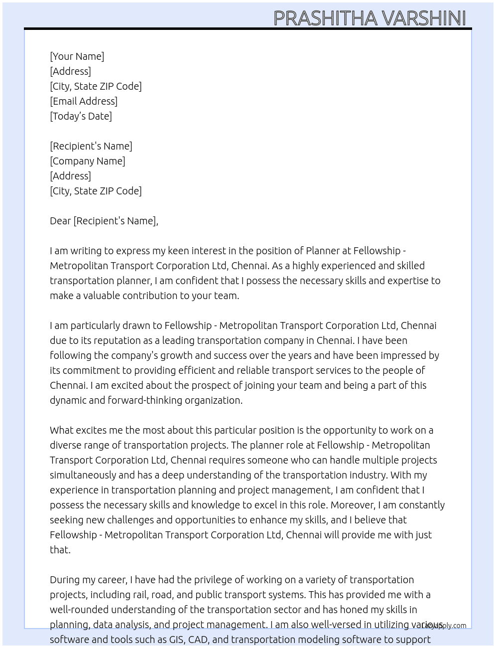 planner At Fellowship - Metropolitan Transport Corporation Ltd, Chennai Cover Letter