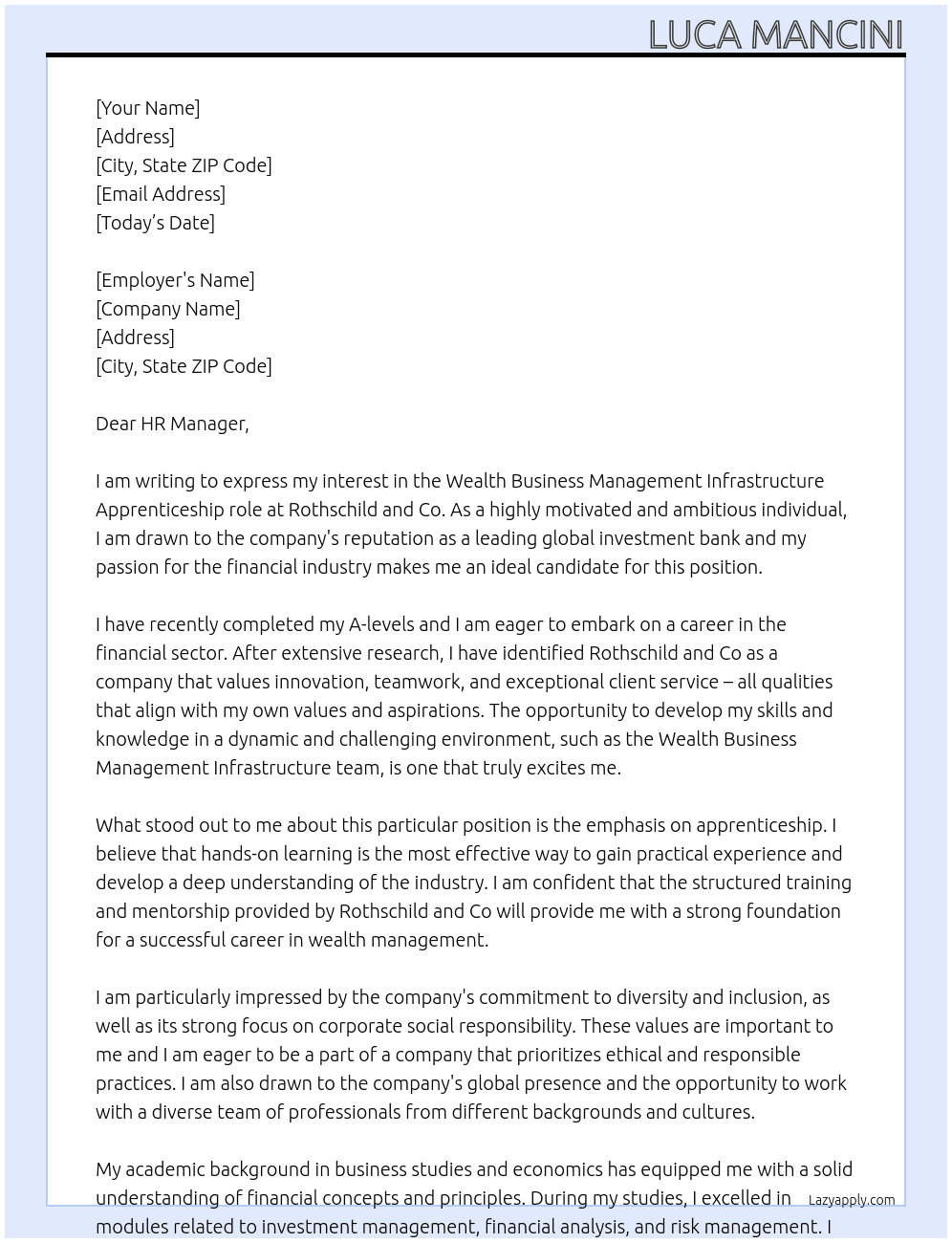 Cover letter for wealth business management infrastructure apprenticeship - LazyApply