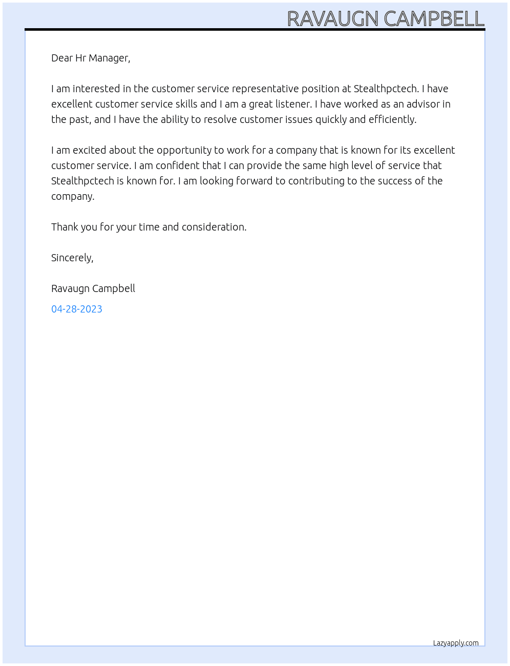 Customer Service Rep At Stealthpctech Cover Letter