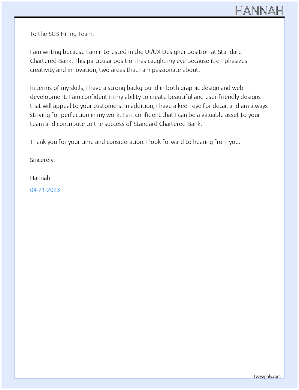 UI/UX Designer At Standard Chartered Bank Cover Letter