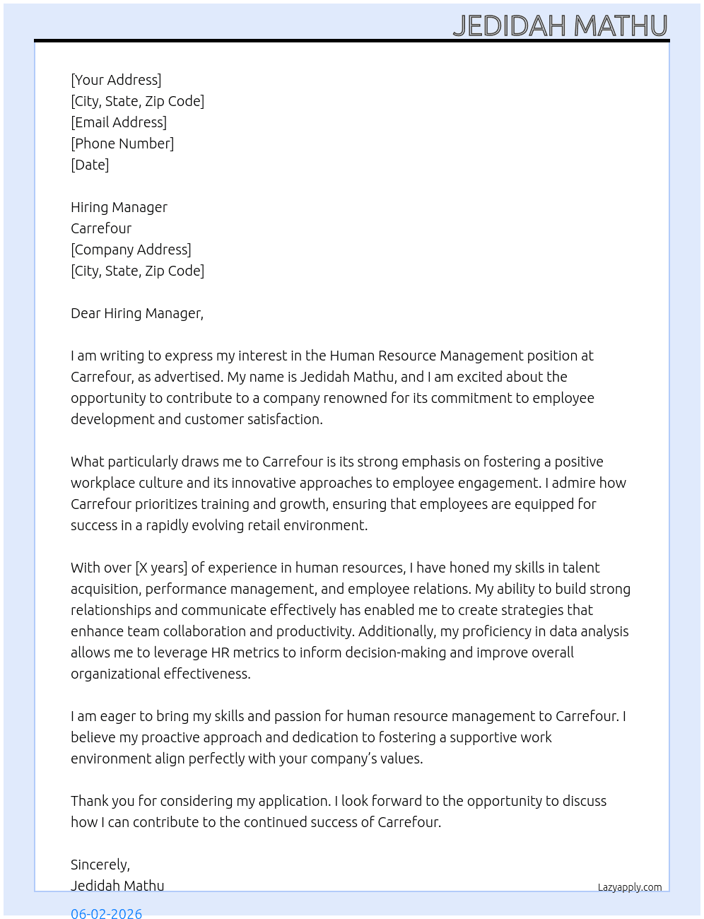 Jedidah Mathu At Carrefour  Cover Letter