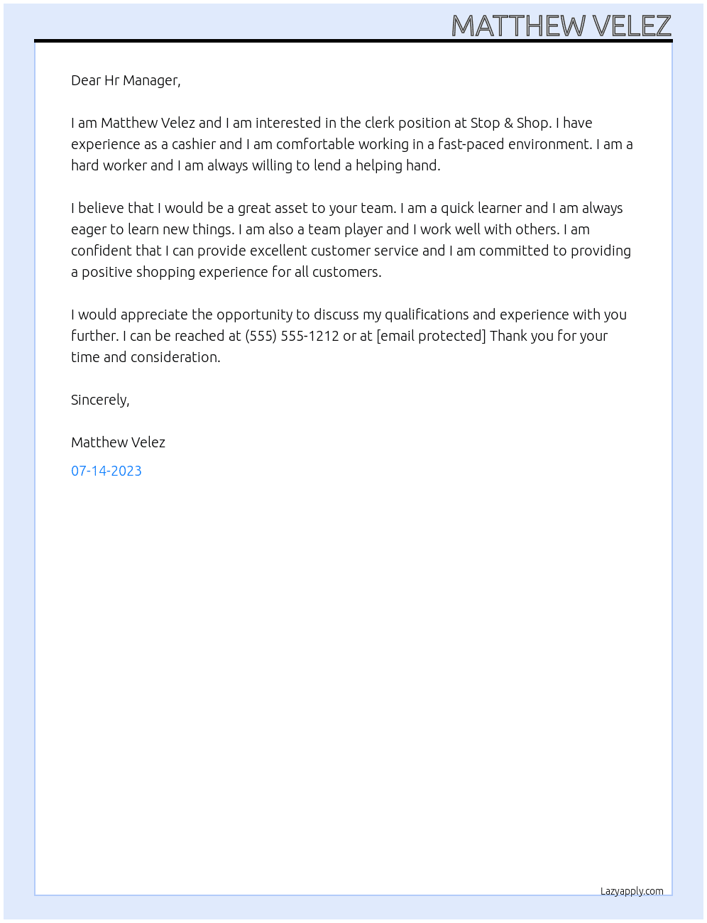 clerk At Stop & Shop  Cover Letter