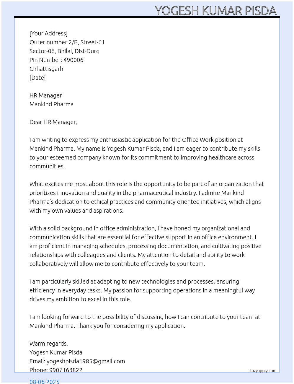Office work  At Mankind Pharma  Cover Letter
