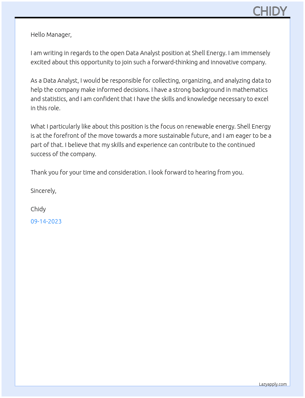 data analyst  At shell energy  Cover Letter