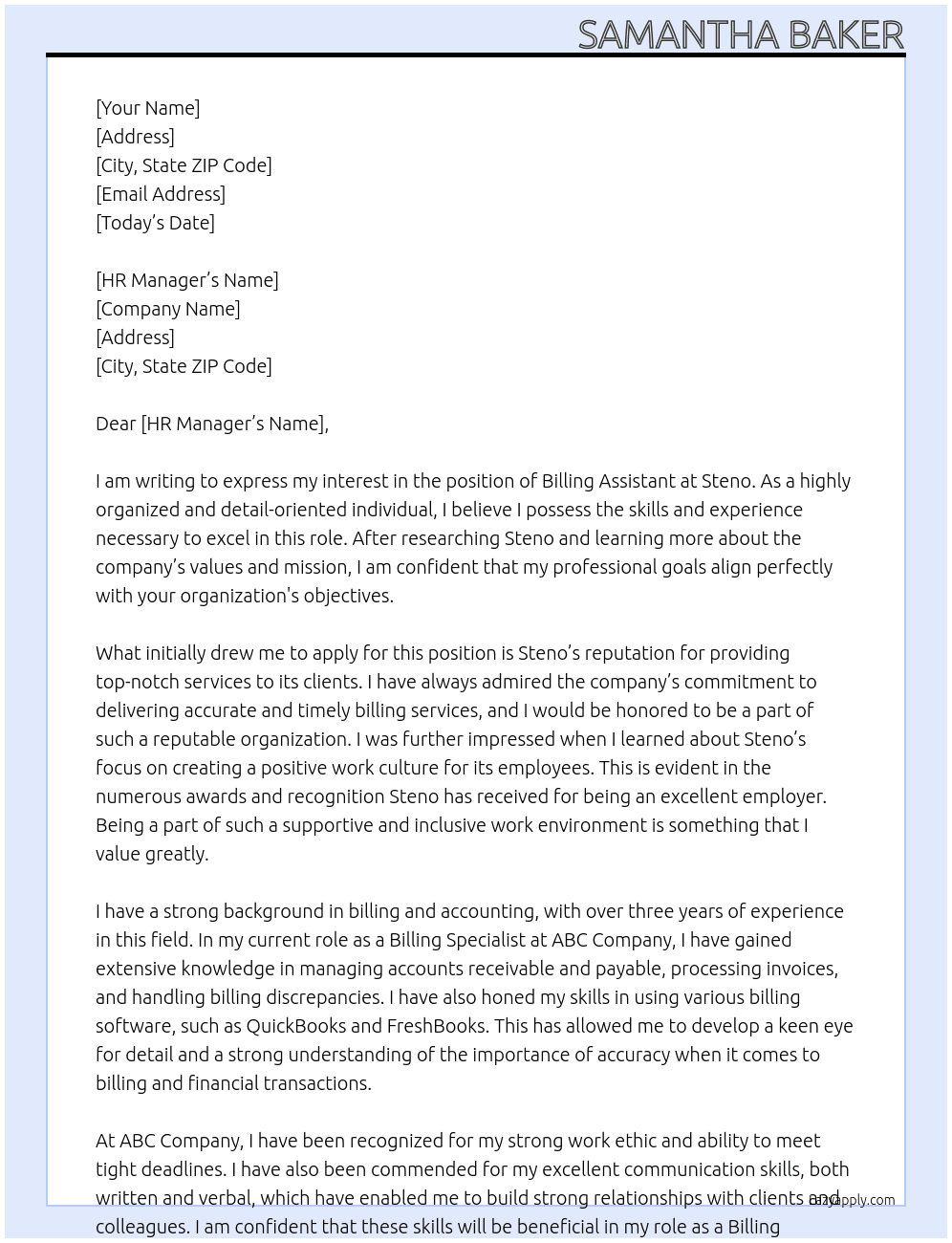 billing assistant At Steno Cover Letter