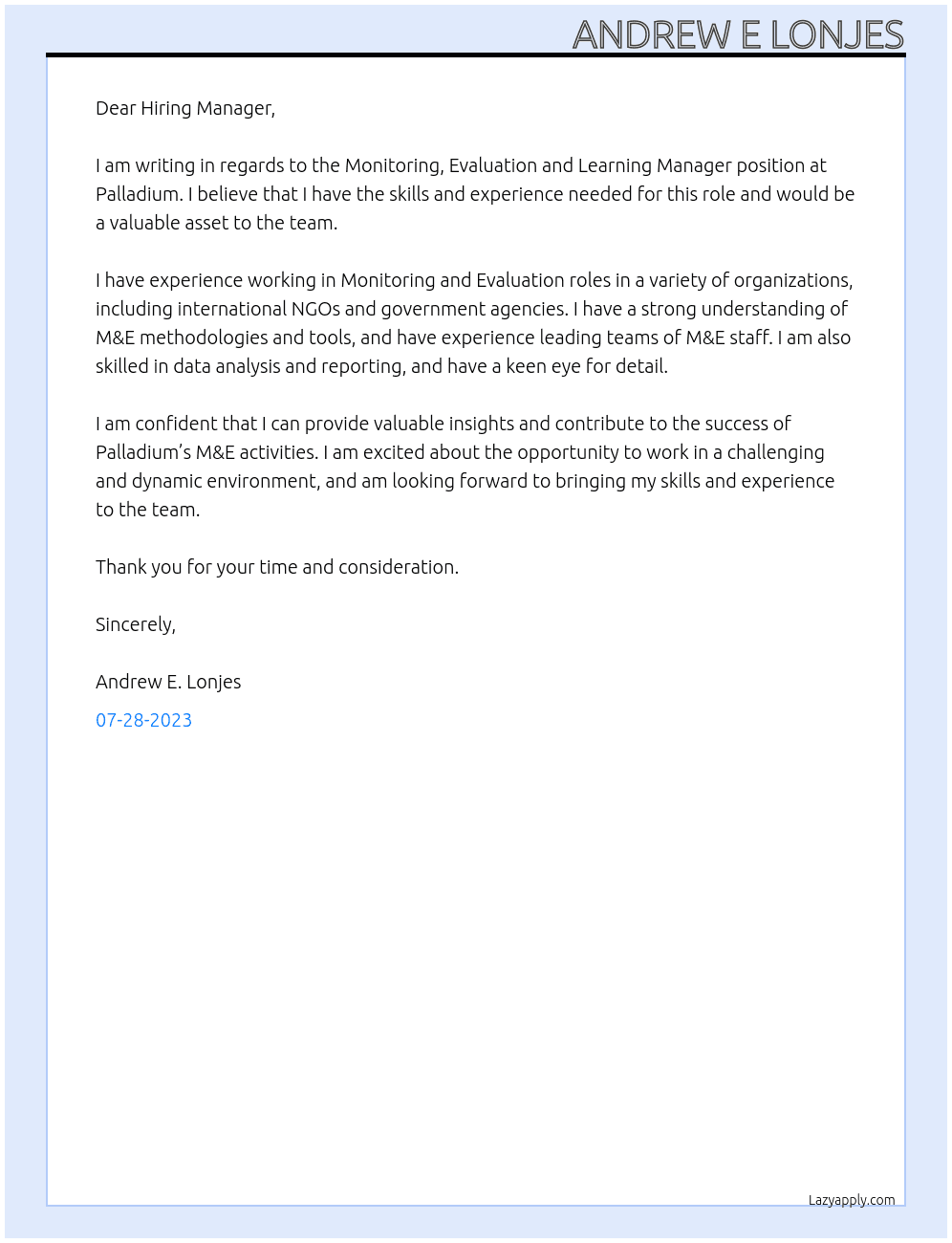 Monitoring, evaluation and learning manager At Palladium Cover Letter