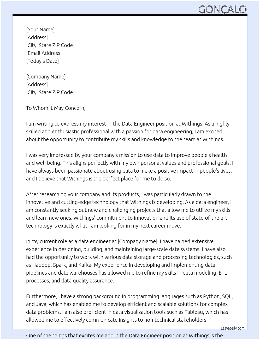Data Engineer At Withings Cover Letter