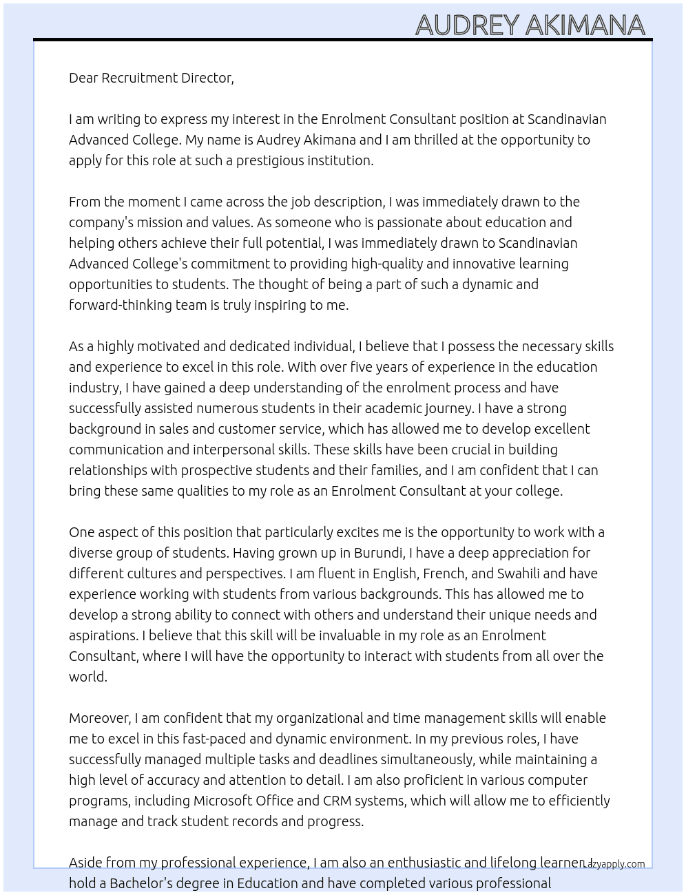 Enrolment consultant  At Scandinavian Advanced College  Cover Letter