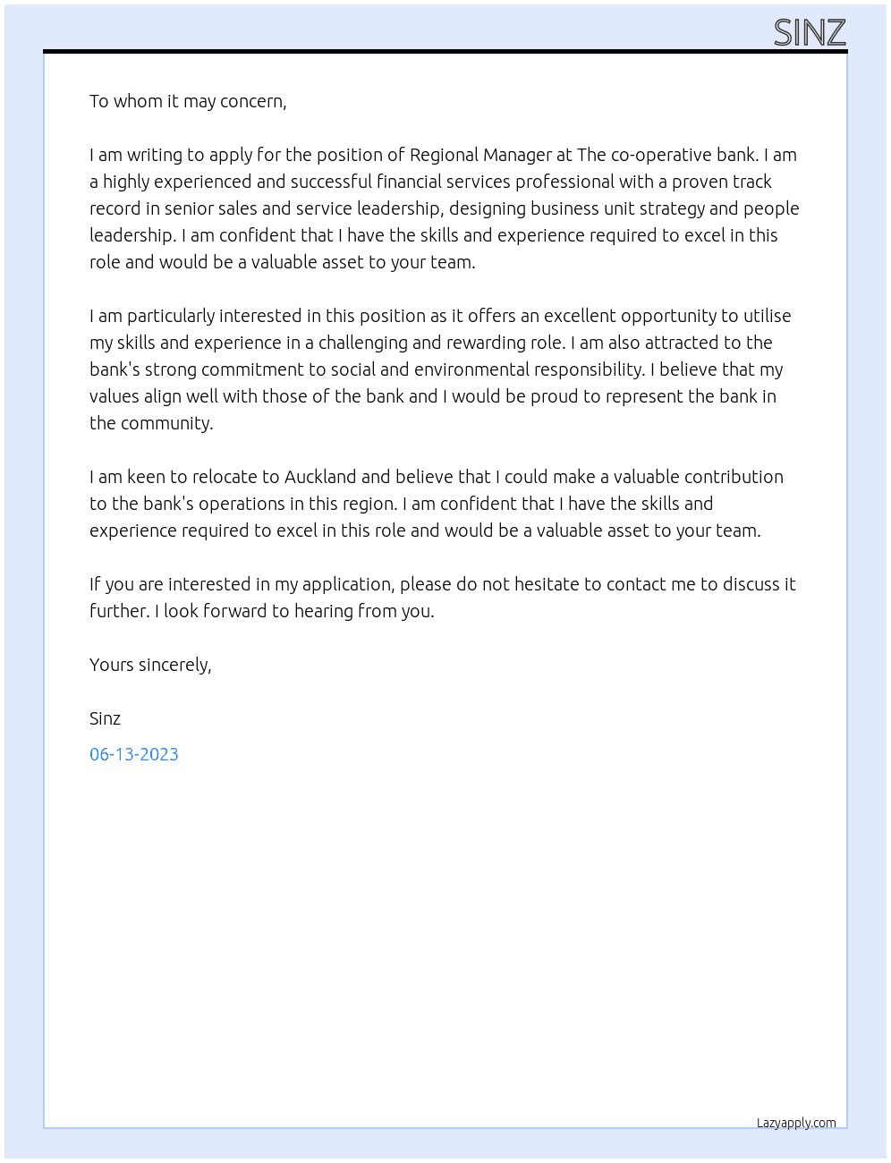 Regional Manager At The co-operative bank Cover Letter