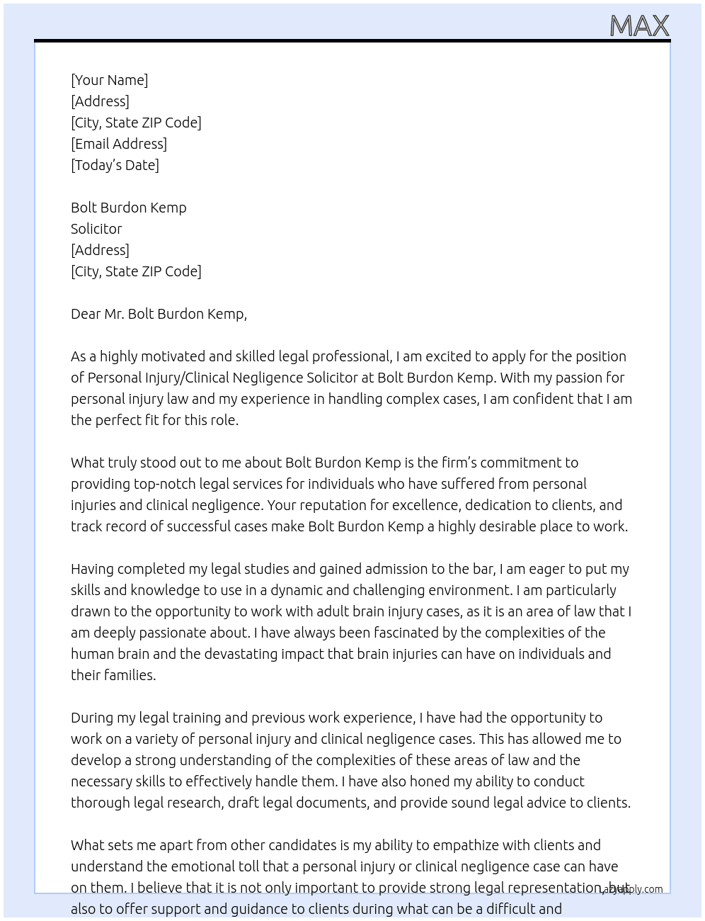 Personal Injury / Clinical Negligence - Solicitor (0-2 PQE) - Adult Brain Injury At Solicitor  Cover Letter