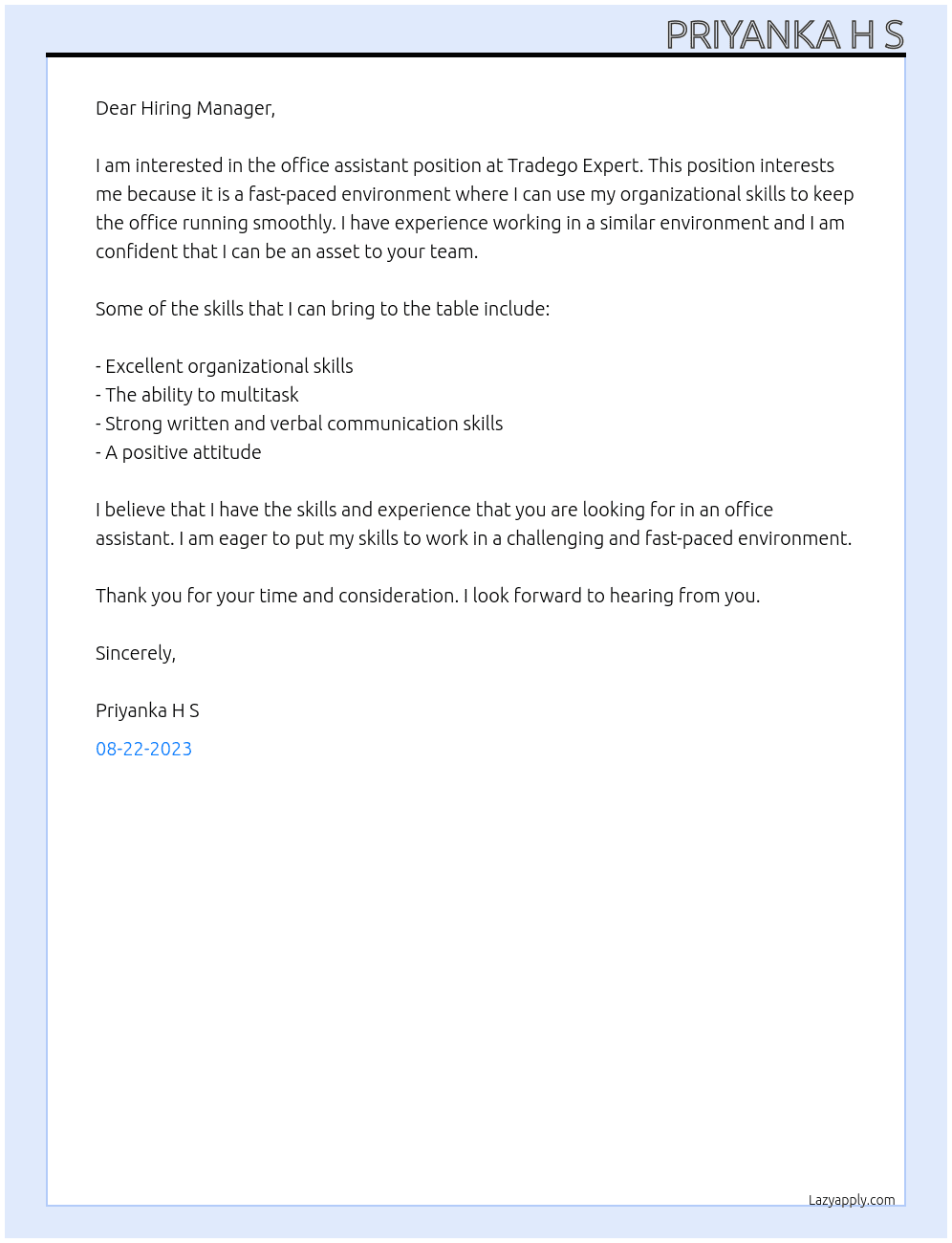 Office assistant  At Tradego Expert Cover Letter