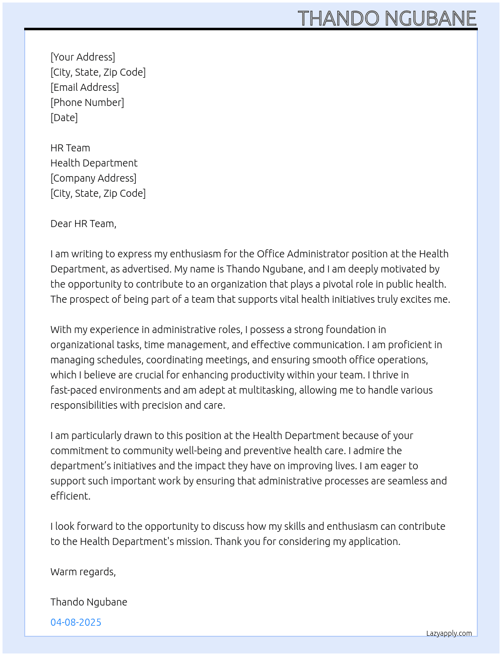 office administrator At Health Department Cover Letter
