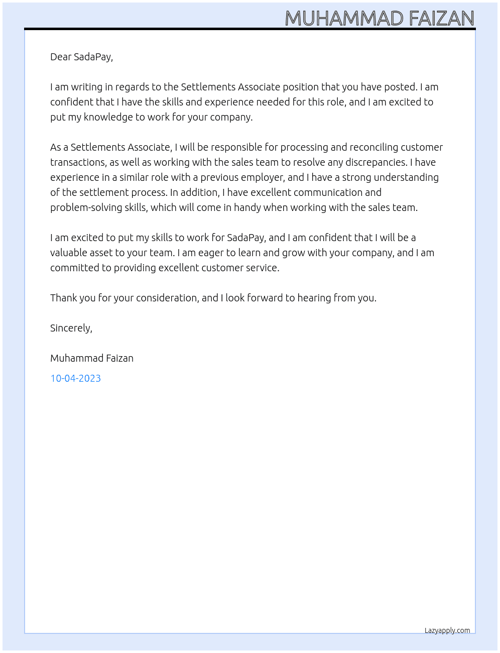 Settlements Associate At SadaPay Cover Letter