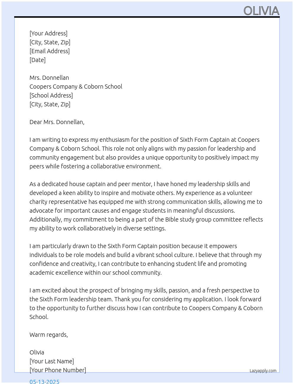 Sixth Form Captain At Coopers Company & Coborn School Cover Letter
