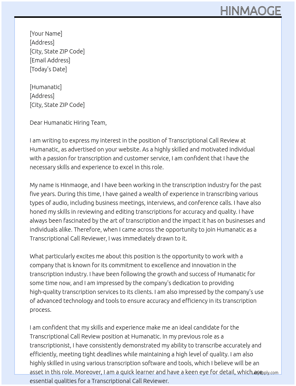 transcriptional call review At Humanatic Cover Letter