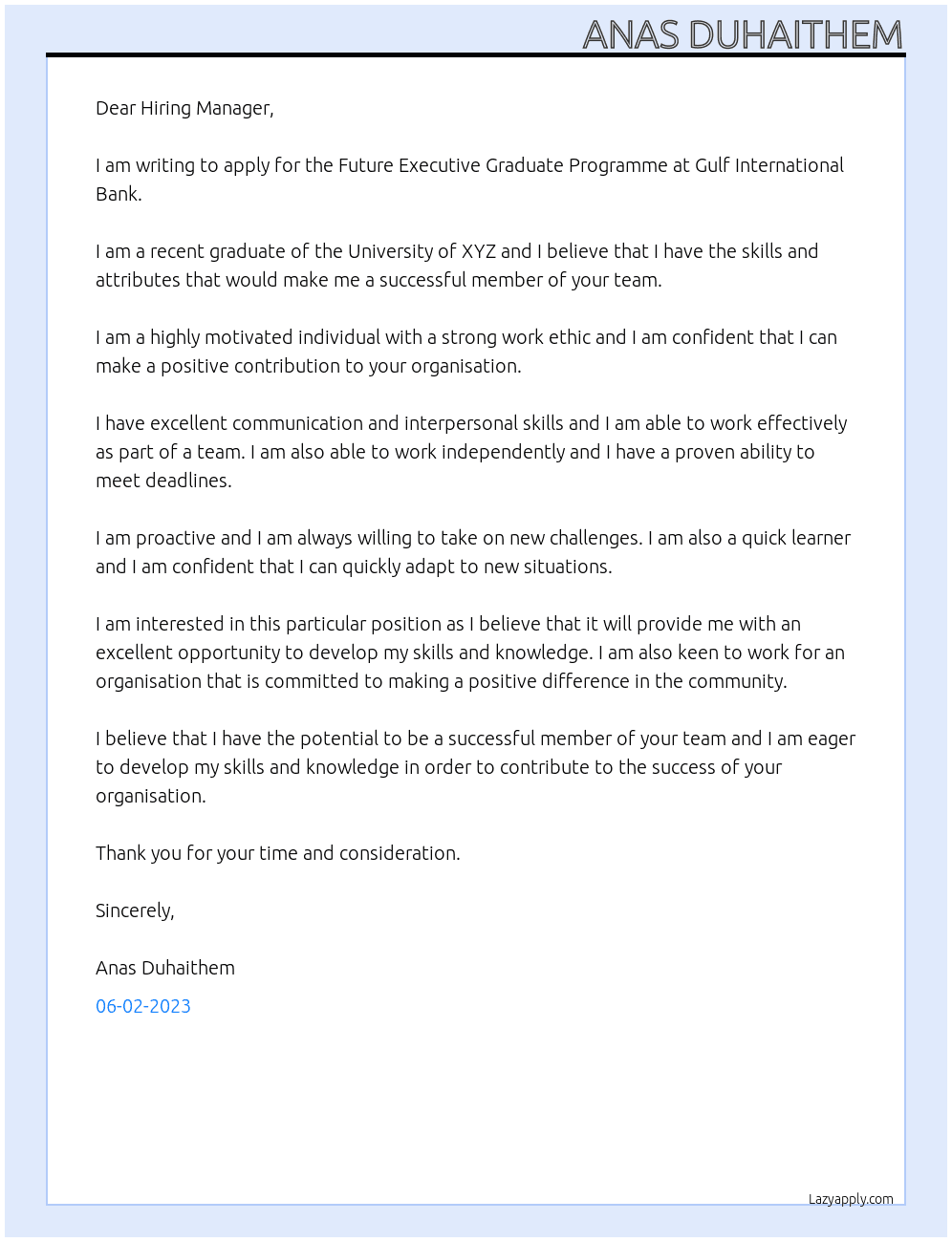 Future Executive Graduate Programme At Gulf International Bank Cover Letter