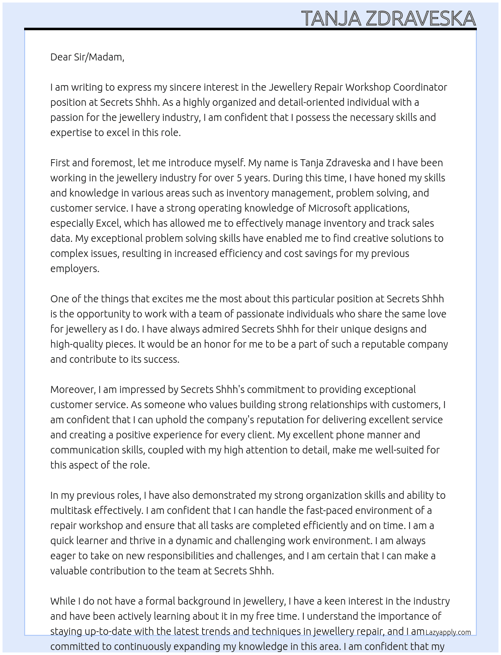 Jewellery Repair Workshop Coordinator At Secrets Shhh Cover Letter
