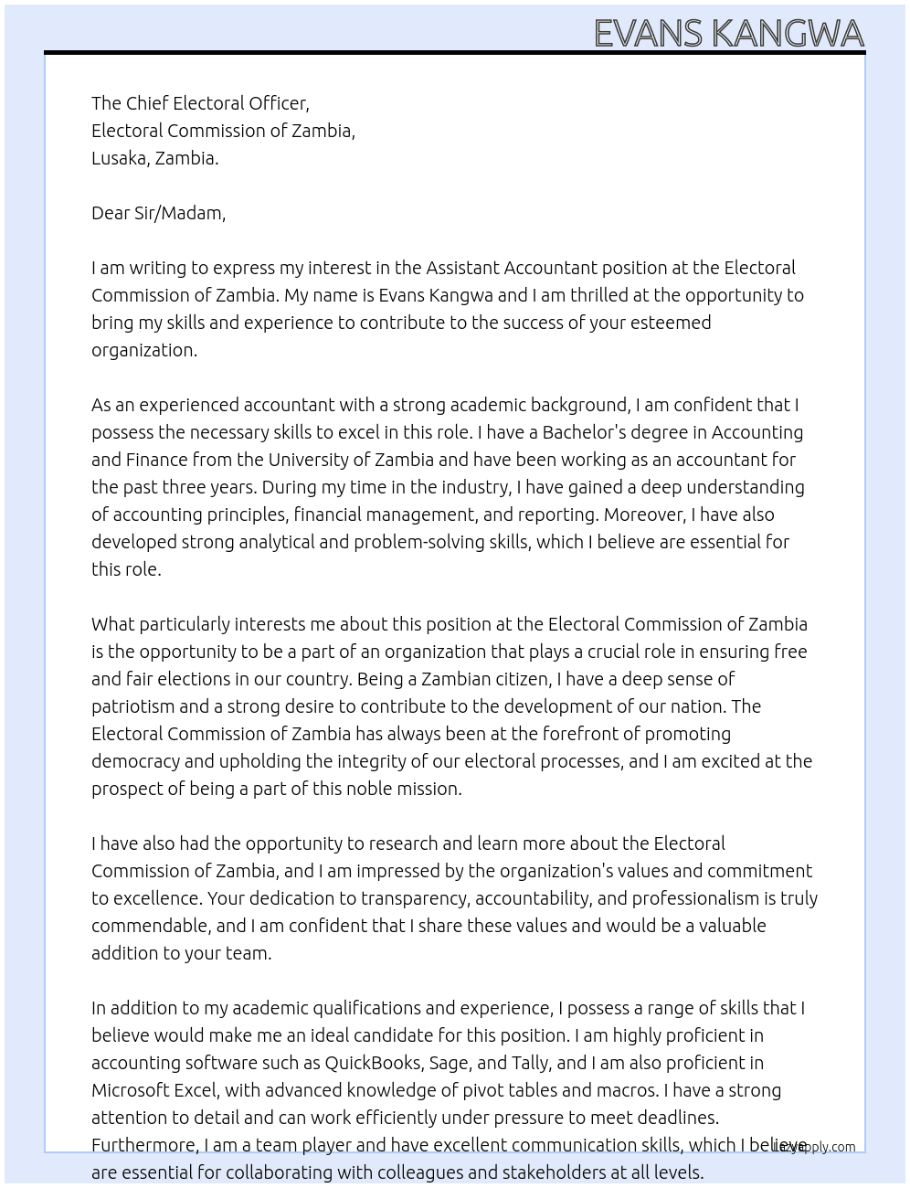 Assistant Accountant At Electoral Commission of Zambia, Cover Letter