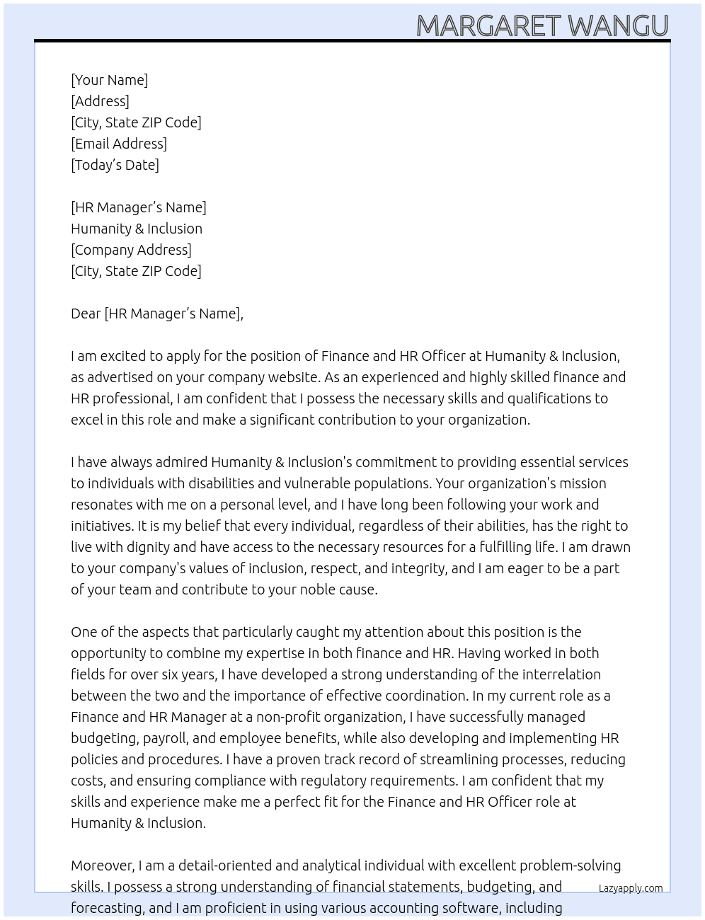 Finance and HR Officer At Humanity & Inclusion Cover Letter
