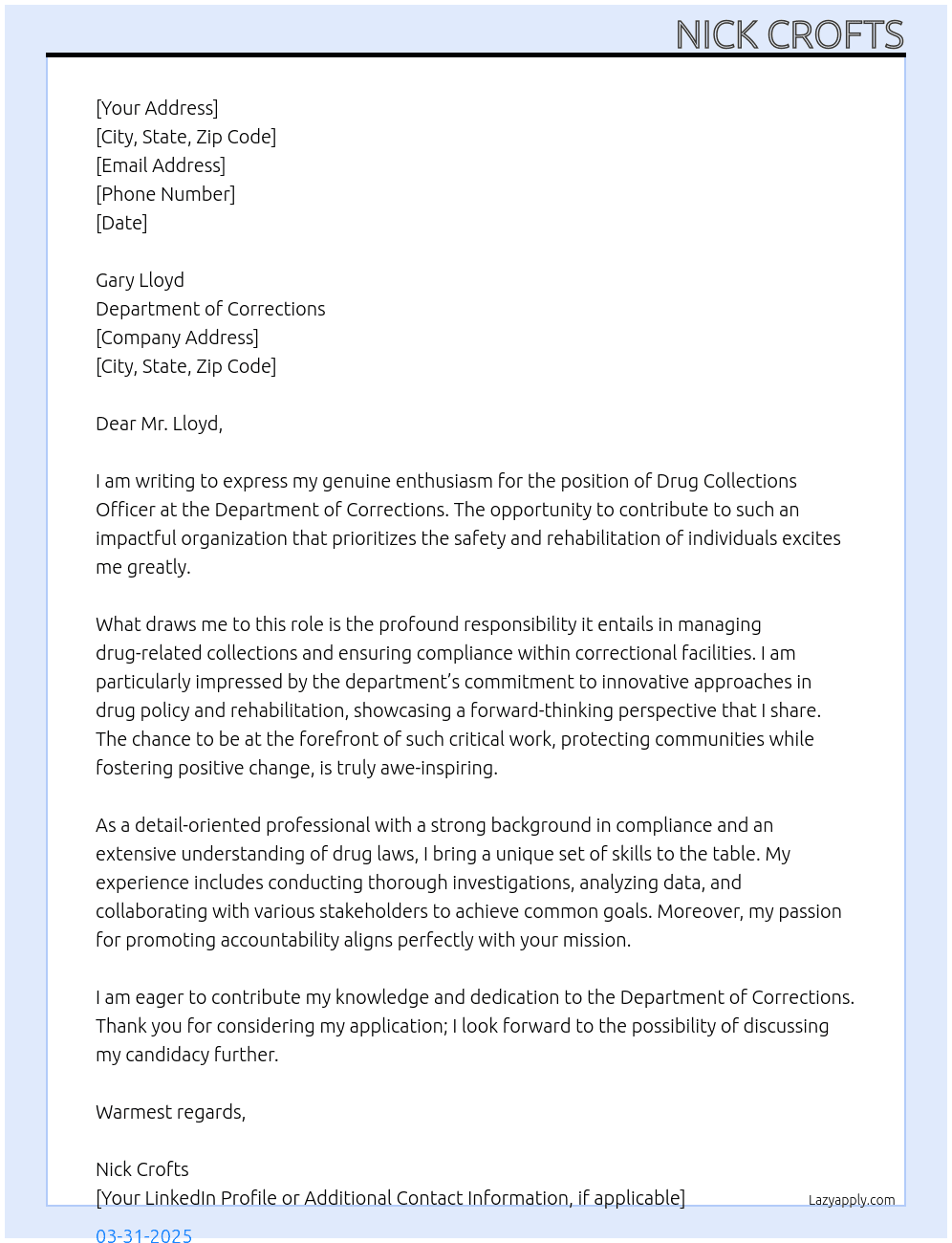 Cover letter for drug collections officer - LazyApply