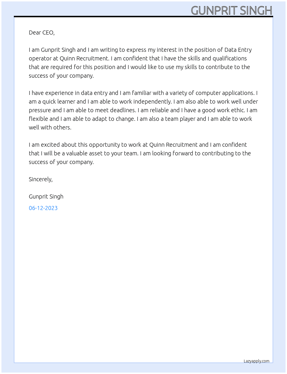 Data Entry operator At Quinn Recruitment Cover Letter