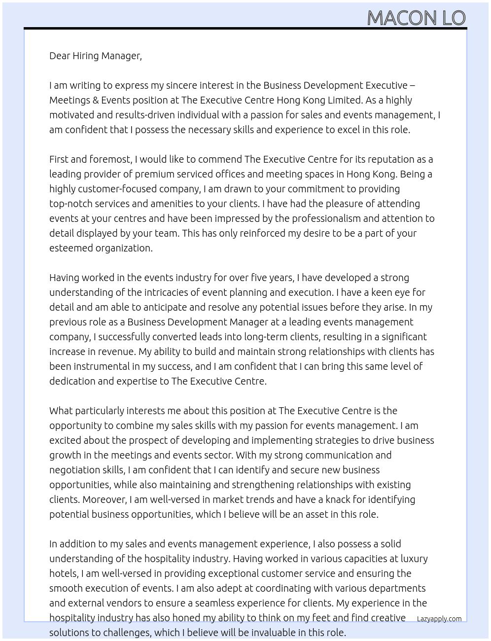 Business Development Executive – Meetings & Events At The Executive Centre Hong Kong Limited  Cover Letter