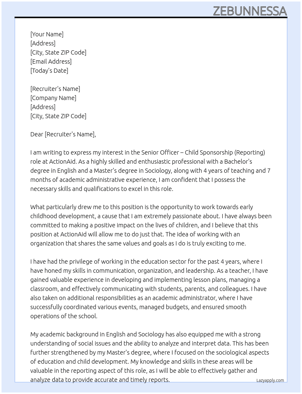 Senior Officer – Child Sponsorship (Reporting) At ActionAid Cover Letter