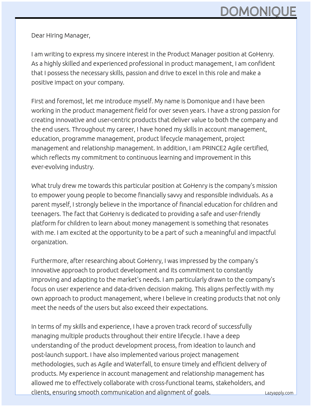 Product Manager At GoHenry Cover Letter