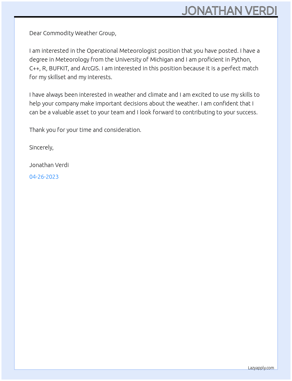 Operational Meteorologist At Commodity Weather Group Cover Letter