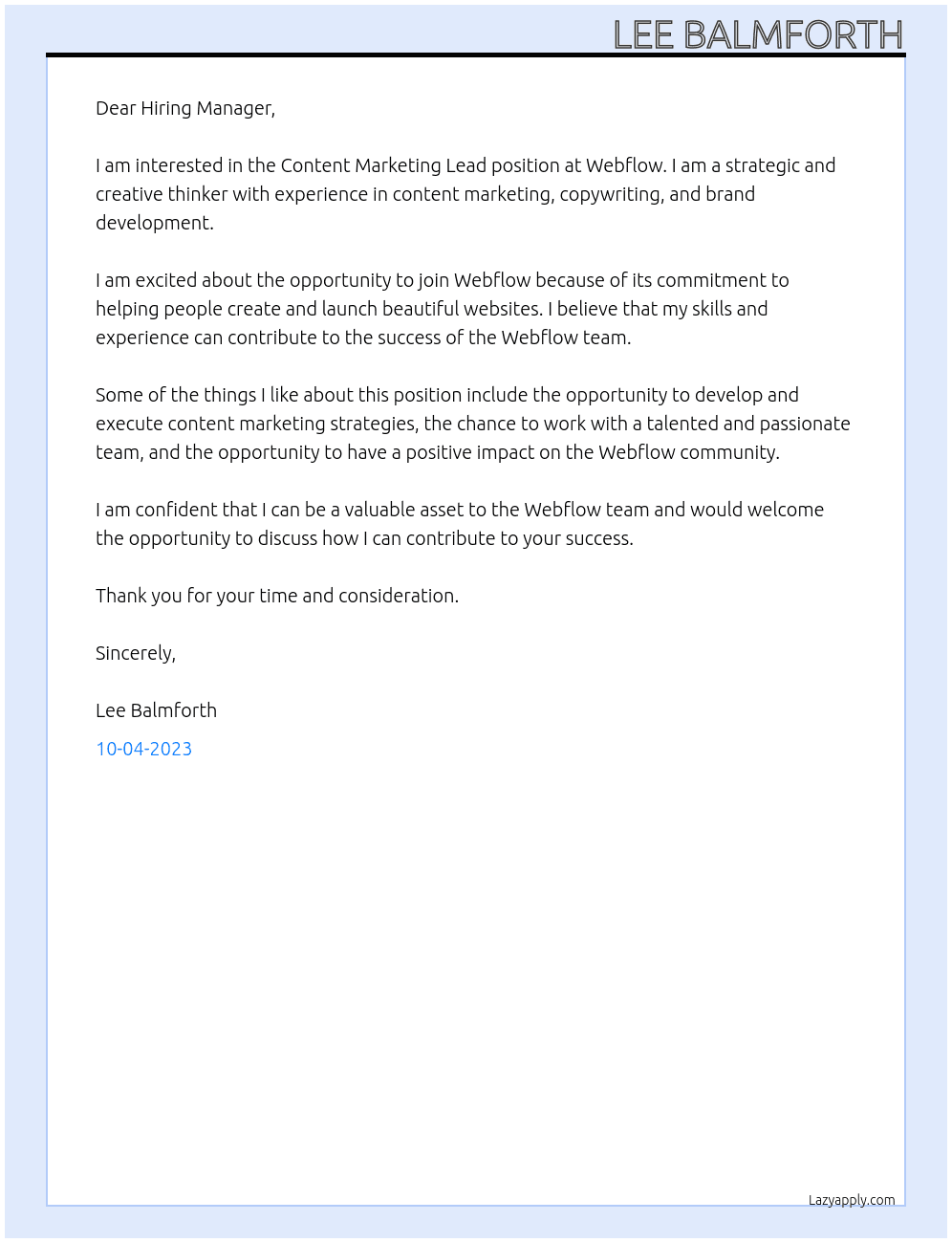 Content Marketing Lead At Webflow Cover Letter