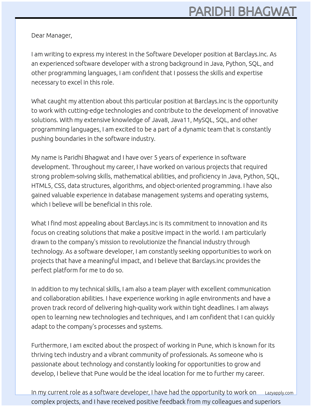 Software Developer At Barclays.inc Cover Letter
