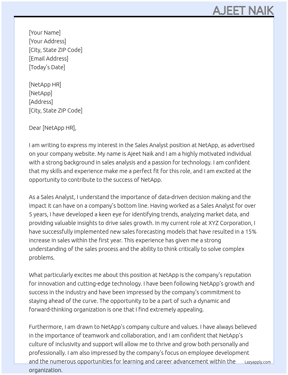 Sales Analyst At NetApp Cover Letter