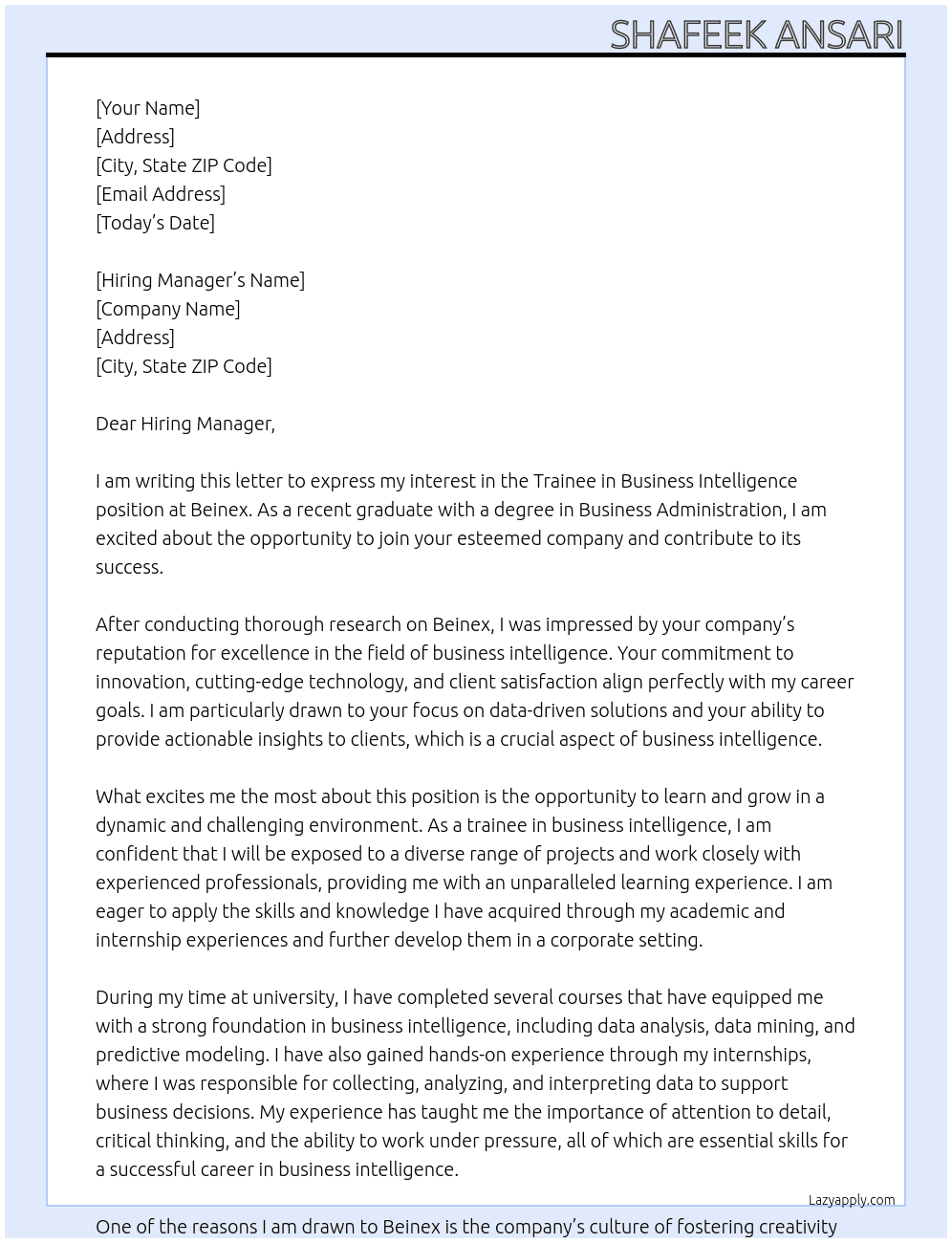  Trainee in Business Intelligence At beinex Cover Letter