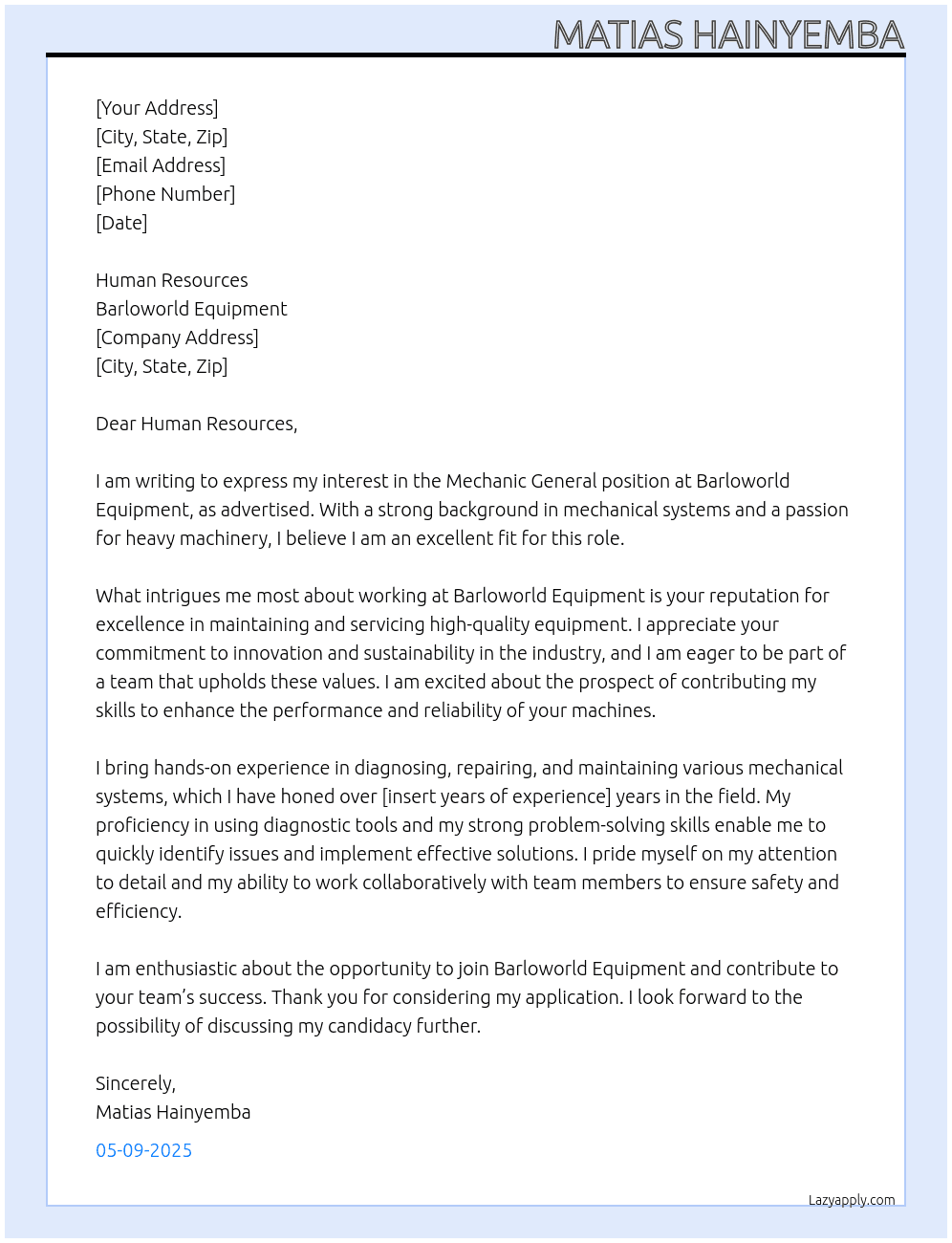 Mechanic General At Barloworld Equipment Cover Letter