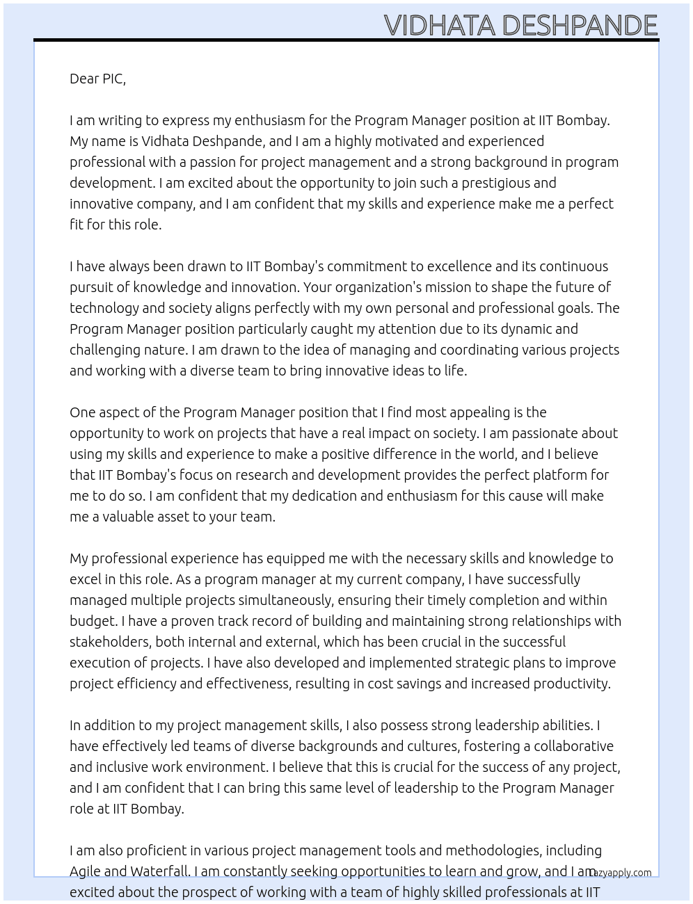 Program Manager At IIT Bombay Cover Letter
