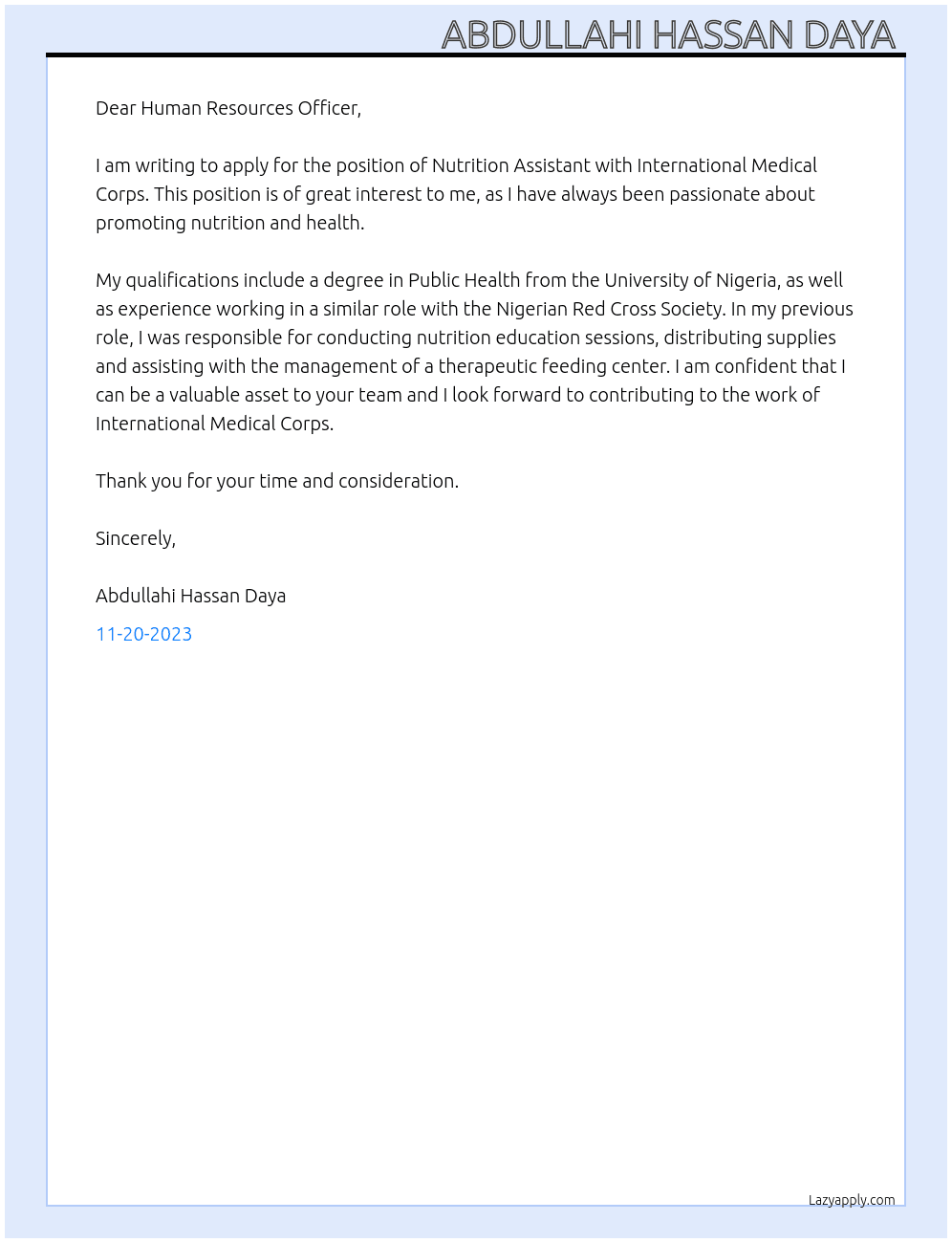 Nutrition Assistant  At International Medical Corps Cover Letter
