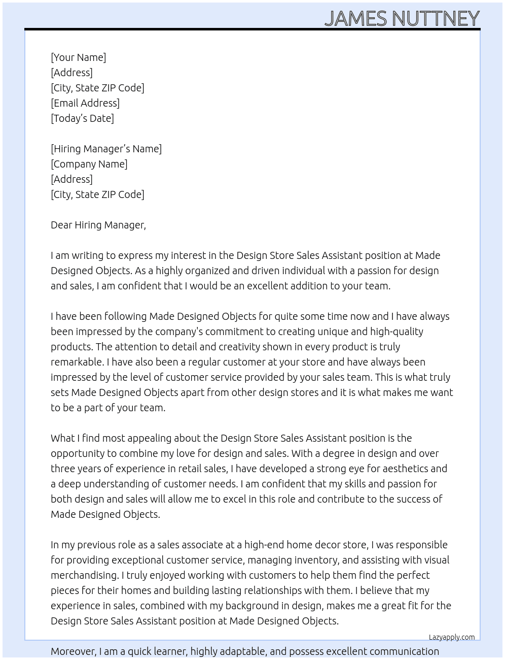 Design store sales assistant At Made Designed Objects Cover Letter