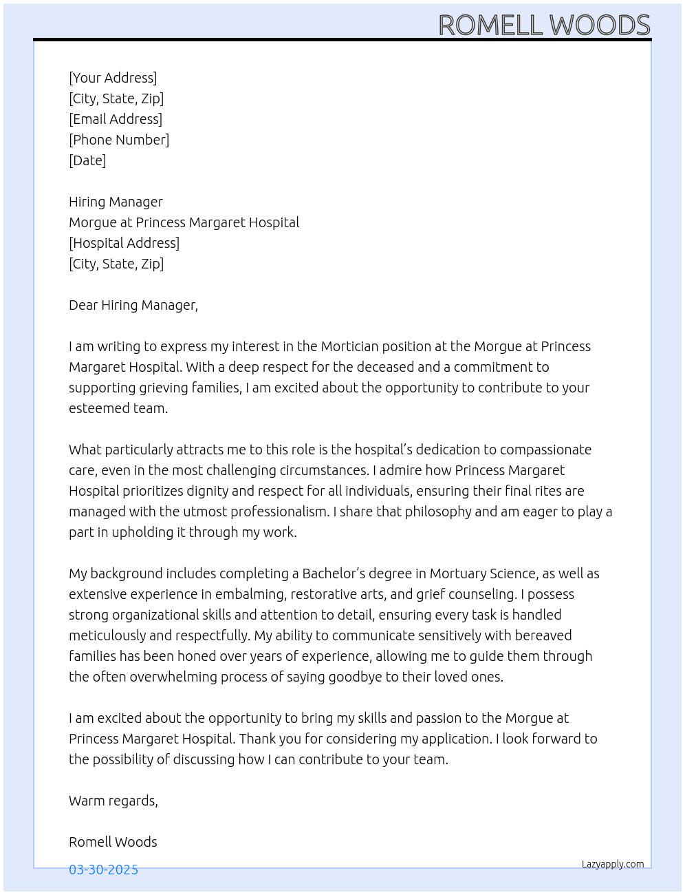 mortician At morgue at princess margert hospital Cover Letter