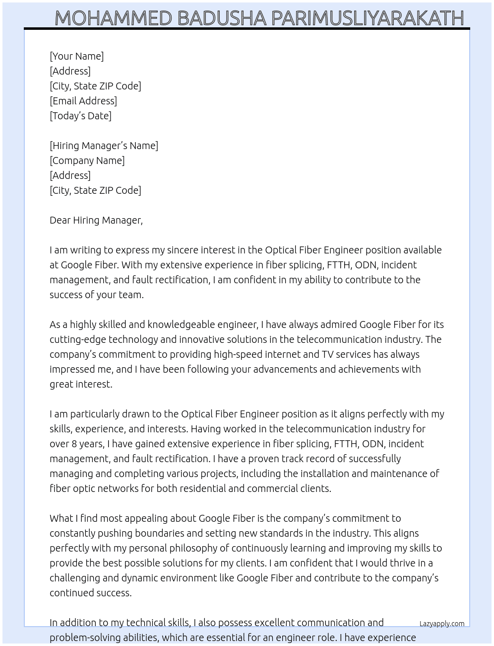 Optical fiber engineer  At Google fiber Cover Letter